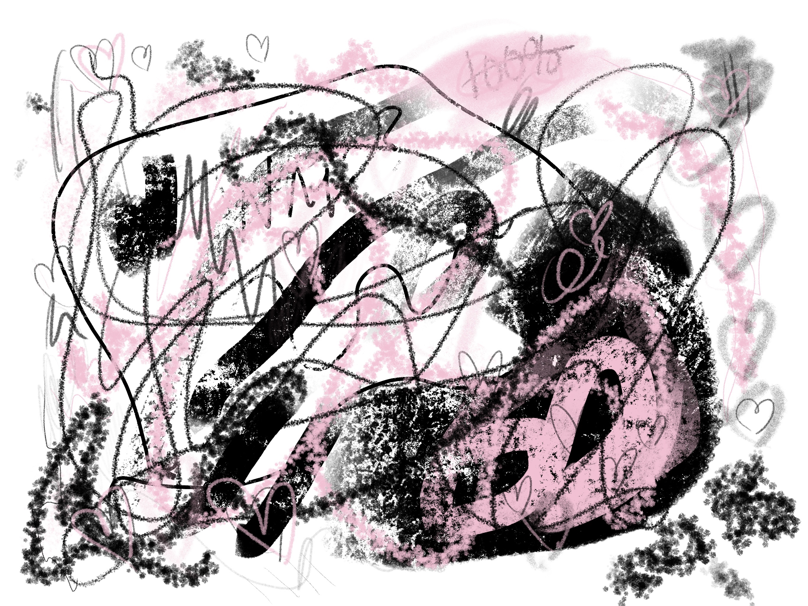 abstract digital art in a pink and black charcoal overlapping scribbles of various saturation and thickness.