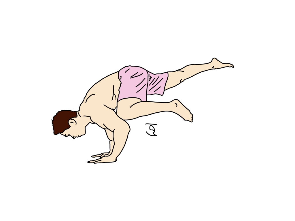 Line Art cartoon drawing of a man doing yoga in a single leg crow pose, Eva para bakasana