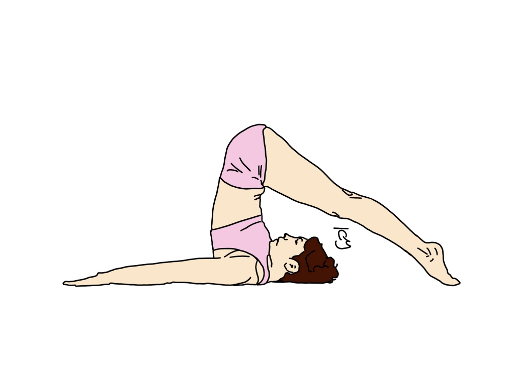 Line Art cartoon drawing of a woman doing yoga in plough pose (halasana)