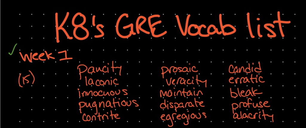 A screenshot of the first week of Kate’s Graduate readiness exam (GRE) vocabulary.
