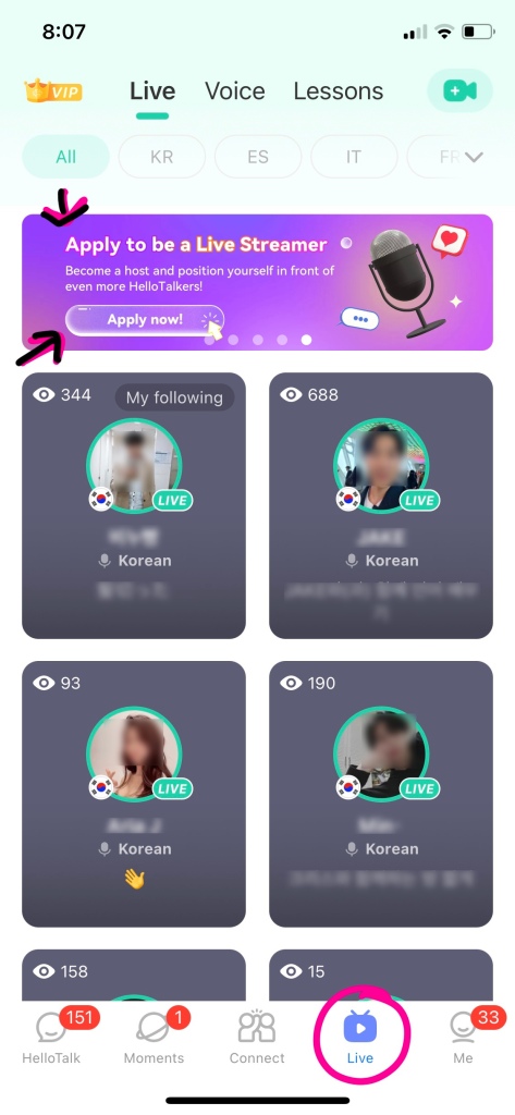A screenshot of the video live stream tab on the HelloTalk app showing the banner where you can apply to be a livestreamer 