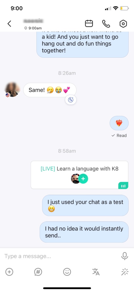 Screenshot of a HelloTalk live stream link shared in a private chat message on HelloTalk