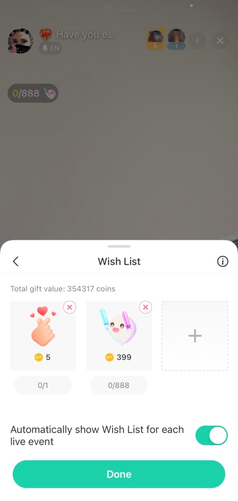 screenshot of the HelloTalk live stream gifting goals pop up menu