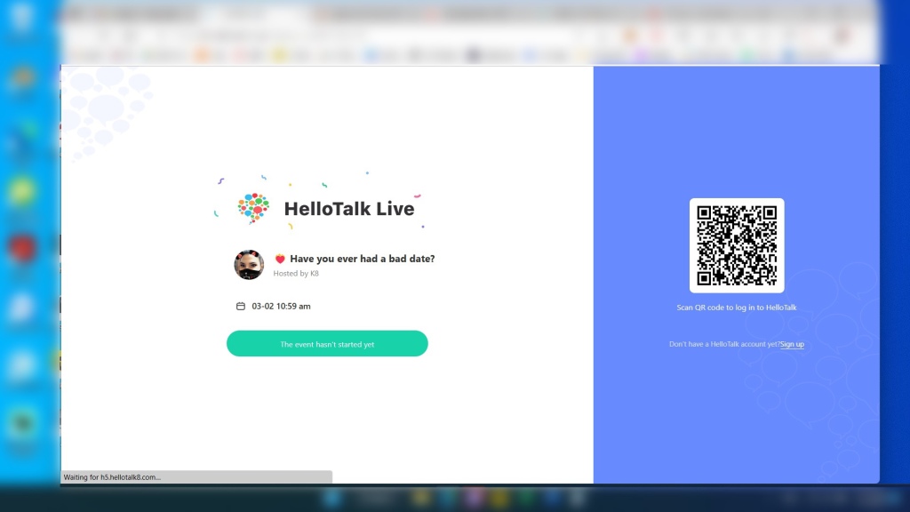 screenshot of the HelloTalk live stream QR code link opened on a computer web browser.