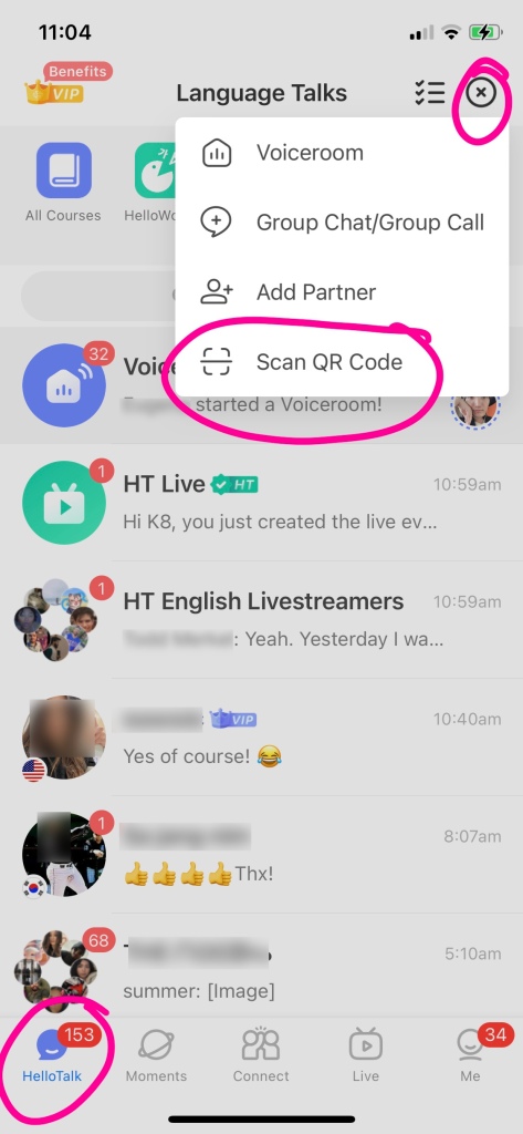 screenshot of the HelloTalk message inbox circling the locations of the inbox and the QR code scan camera on HelloTalk to log on to a live stream on a computer web browser