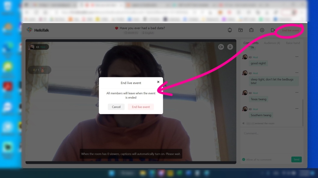 screenshot of the HelloTalk live stream platform from a computer with the 'end live event' link circled and pointed toward the popup menu that you see when you click the link.