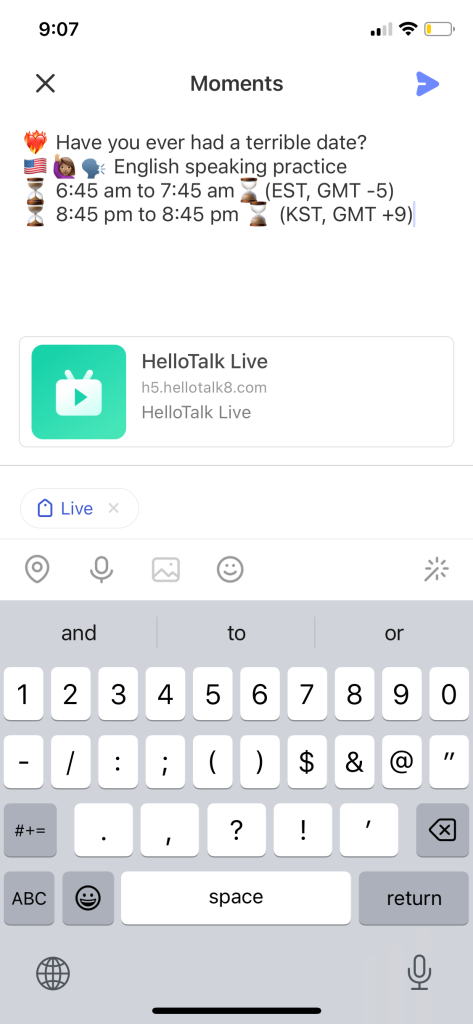 screenshot of the HelloTalk live stream  share button where streamers can edit the description of their event and share that to their moments newsfeed