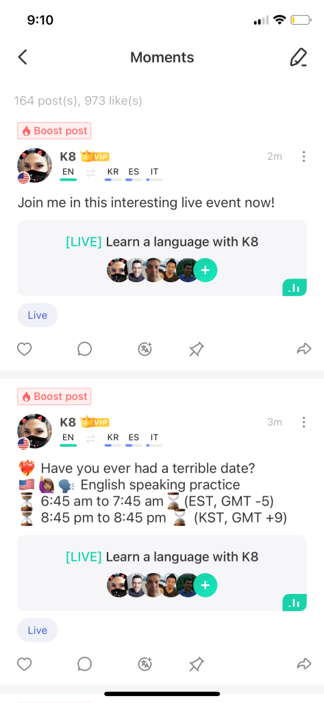 screenshot of duplicate live stream event link shares on a HelloTalk live streamer's moments newsfeed