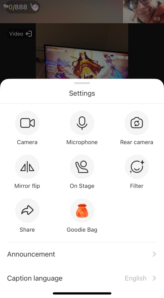 screenshot of the HelloTalk live steam settings menu on the iphone 